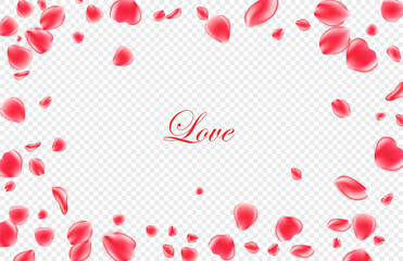 Valentines day festive background. Realistic red rose petals on background. 