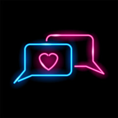 Neon icon of love chat messages isolated on black background. Blue and pink sms with heart. Love conversation, St. Valentine Day, social network concept. Vector 10 EPS illustration.