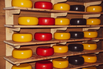 Cheese storage at a cheese farm at the Zaanse Schans, Koog aan de Zaan, Holland.