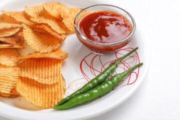 Potato chips with tomato ketchup isolated on white background