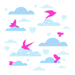 Cute romantic clipart with birds, clouds and hearts. Kids decoration. St Valentines symbol. Love and happiness concept.