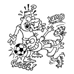 Soccer player shoots a goal with a ball hitting his nose and the goalkeeper watches in amazement, sport is fun, black and white cartoon