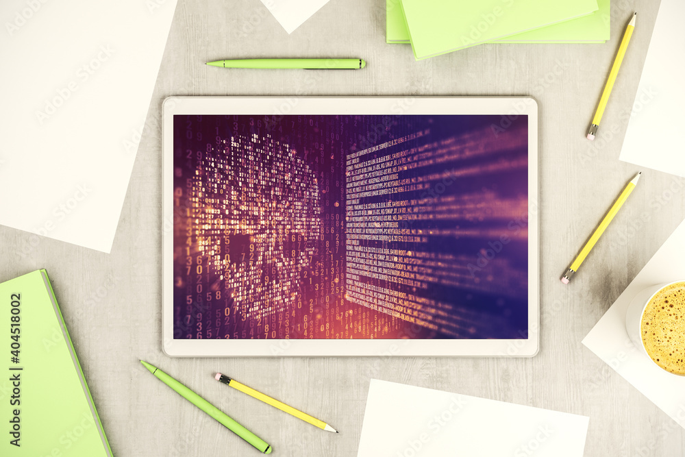 Leinwandbilder creative code skull hologram on modern digital tablet display, cybercrime and hacking concept. top v