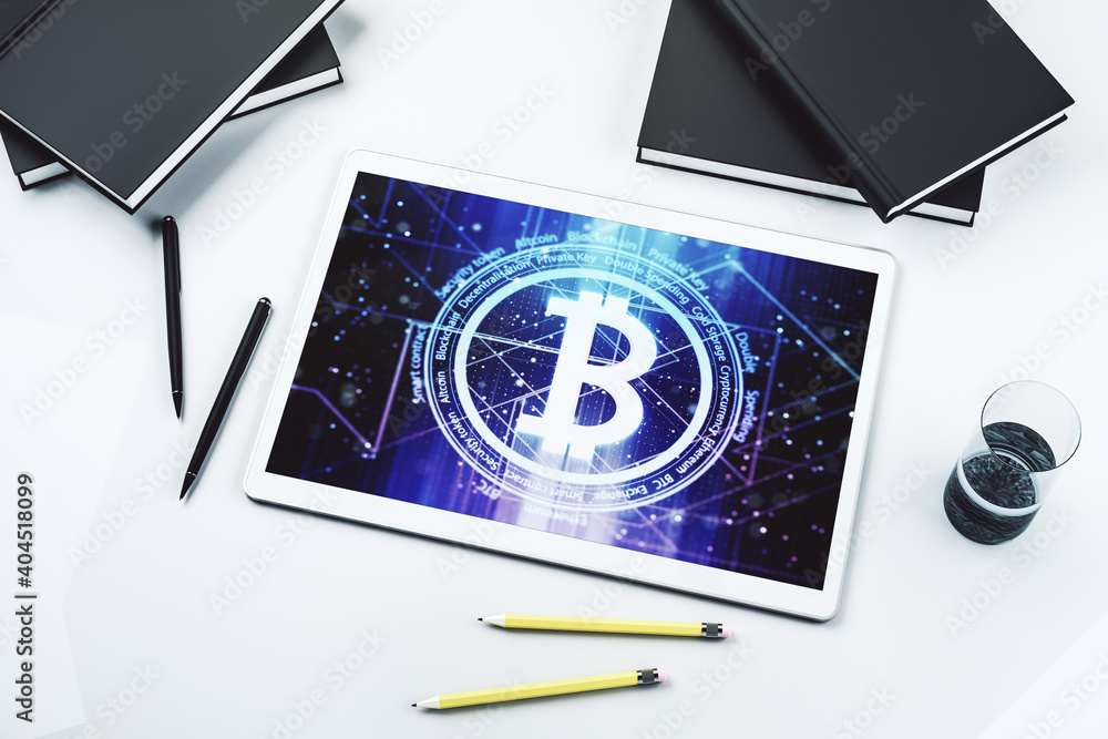 Poster creative bitcoin concept on modern digital tablet display. top view. 3d rendering