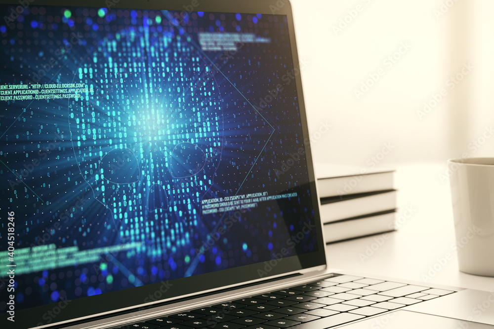 Poster Creative code skull sketch on modern laptop monitor, theft of personal data and malware concept. 3D Rendering