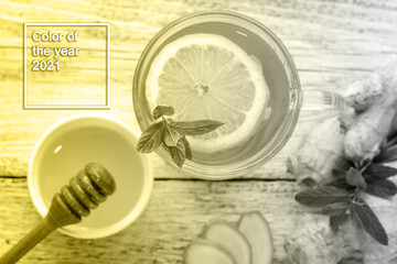 Ginger tea with lemon mint and honey on a white wooden background. Hot healthy winter drink. Color of the year 2021