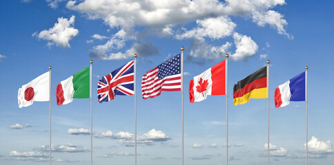 G7 flags . Silk waving flags of countries of Group of Seven :  Germany, Canada, USA , Italy, France, Japan, UK in 2020. Online summit. Big Seven.   Isolated on sky background. 3D illustration