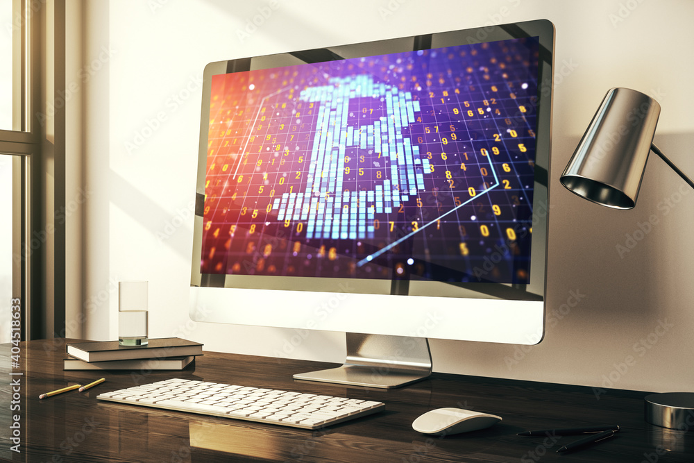 Poster Creative Bitcoin concept on modern computer monitor. 3D Rendering