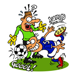 Soccer player shoots a goal with a ball hitting his nose and the goalkeeper watches in amazement, sport is fun, color cartoon