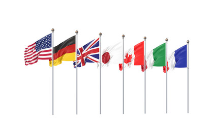 Online summit. G7 flags Silk waving flags of countries of Group of Seven : Canada, Germany, Italy, France, Japan, USA states, United Kingdom 2020. Big Seven. Isolated on white. 3D illustration.