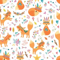 Fototapeta na wymiar Childish seamless vector pattern with cute foxes in cartoon style. Creative vector childish background for fabric, textile, apparel. Hand draw doodle art illustration. 