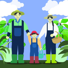 Father, mother and son standing among the tree in their farm under blue sky with cloud.