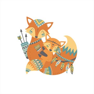 Cute cartoon character mother fox and baby. Vector print with baby and mom fox