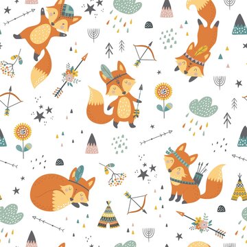 Childish seamless vector pattern with cute foxes in cartoon style. Creative vector childish background for fabric, textile, apparel. Hand draw doodle art illustration.
