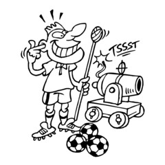 Soccer player shoots from a cannon a soccer ball, sport joke, sport is fun, black and white cartoon