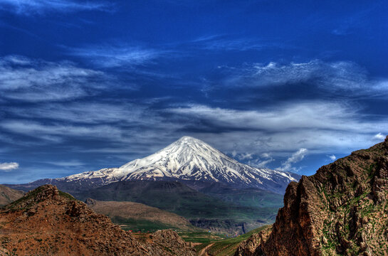 Horizontal view of Damavand peak in Alborz mountains, Iran