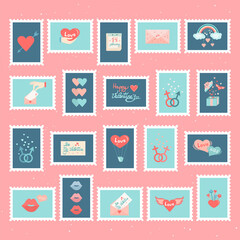 Set of cute and romantic hand-drawn post stamps.  Mail and post office conceptual drawing. Trendy cute elements. Love and Valentines day concept. Hand drawn designs for greeting cards, print, web.