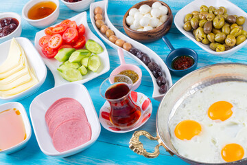 Traditional delicious Turkish breakfast, food concept photo
