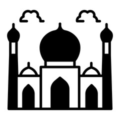 Place of worship Vector Glyph Icon Design, Arab culture and traditions Symbol on white background, Islamic and Muslim practices Sign, Mosque front view with clouds Concept,