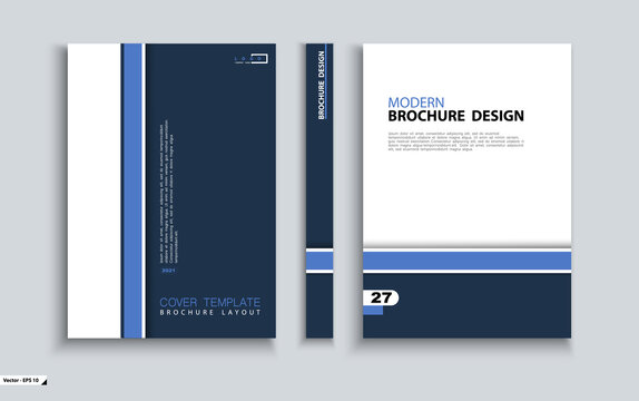 Modern business cover design, abstract brochure template. Cover page set. Design of blue and white geometric stripes and quotes, booklet layout. Logo, icon. Annual report, title. Ad text, company name