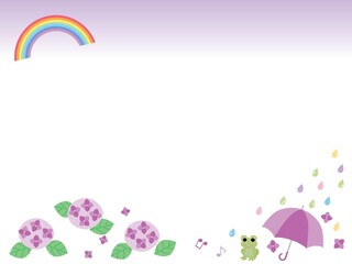梅雨の紫陽花と虹と傘と蛙のフレーム