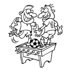 Table football with live soccer players, sport joke, black and white cartoon