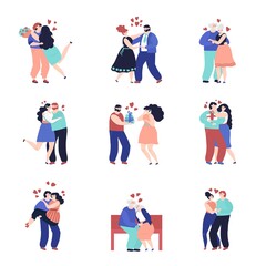 Dating characters. Adult happy couple, people in love together. Romantic hugging man woman, outdoor meeting young persons decent vector set. Meeting romantic, dating happy character illustration