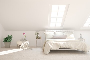 White bedroom interior. Scandinavian design. 3D illustration