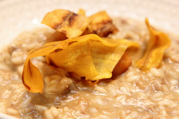 Pork risotto with fried banana-da-terra fruit chips.