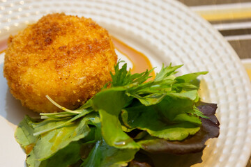 Ballotine de chevre (goat cheese, French) fried with honey sauce.