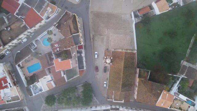Aerial view of the main square with a church in Estoi, Algarve, Portugal