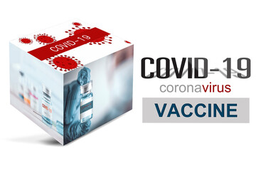 Blue vaccine in cube box for treatment from corona virus infection and build immunity to viruses Covid-19 , Healthcare And Medical concept.