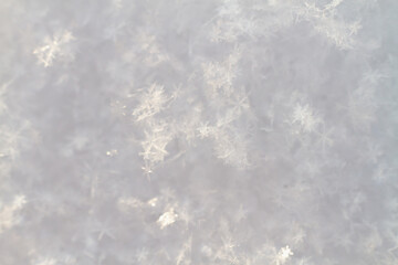 white snow close-up texture of beautiful snowflakes on the snow in the winter time.