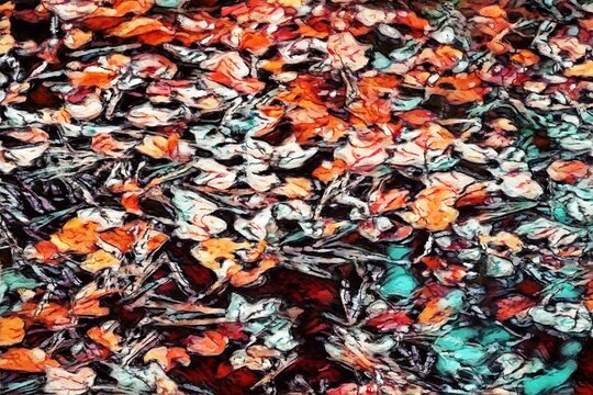 Colorful Leaves on Water Illustration. Beautiful fall image of warm colored leaves.