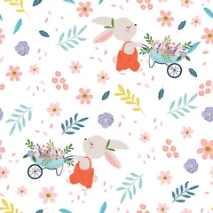Kleiner Gärtner mit nahtlosem Musterdesign der Frühlingsblumen, Kindermodegrafiken, Tapeten, Drucke. © StudioLondon