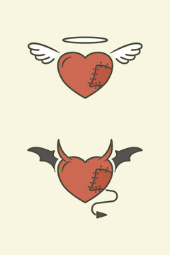 Wounded angel and devil heart. Flat style illustration. Isolated.