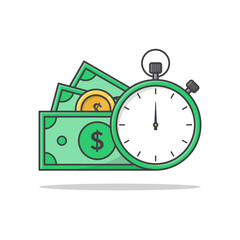 Time Is Money Concept Vector Icon Illustration. Clock And Money Symbols Flat Icons