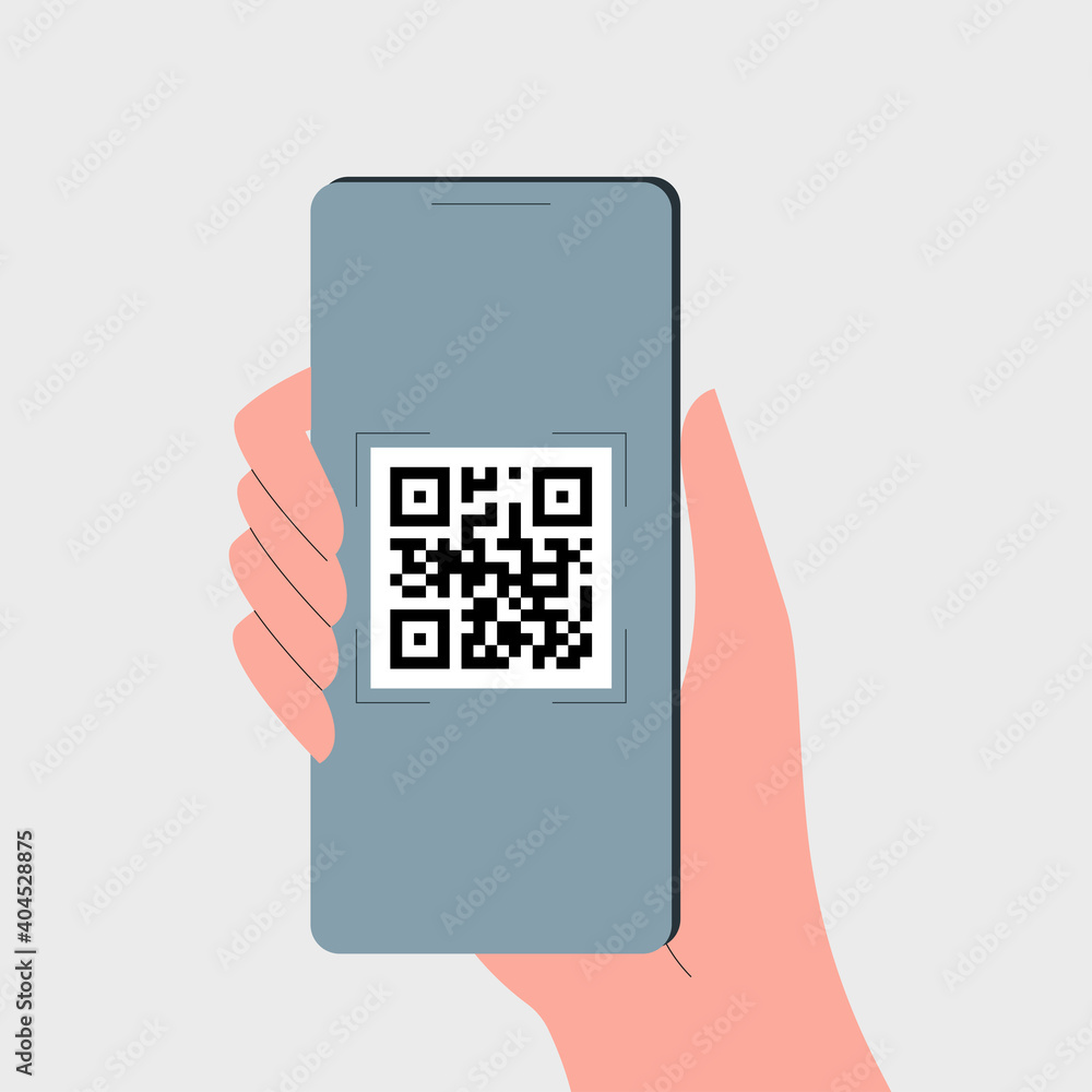 Poster qr code scan with smartphone in a hand. mobile phone scanner app for payment concept. vector illustr
