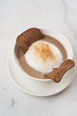 Mushroom soup with sour cream and Rye bread. Creamy mushroom soup