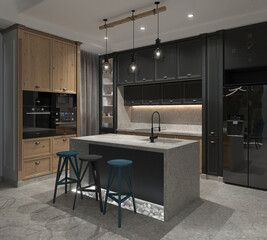 Kitchen and dining room combined open plan elegant design Ideas, 3D illustration