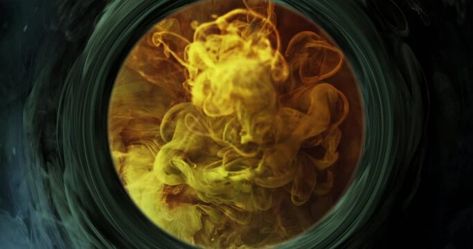 Colorful paint swirl. Occult portal. Yellow ink shot spreading in gray smoke circle frame animation. Dark smog whirl abstract background.