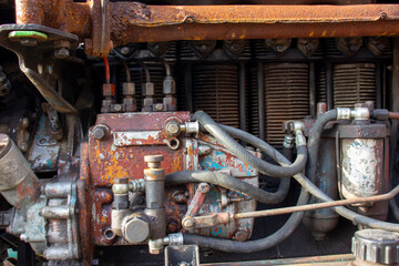 Tractor engine. Fuel system. Old tractor.
