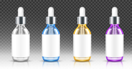 Realistic glass bottles with dropper for serum or oil. Cosmetic flasks or vials for organic aroma essence, anti-aging essential collagen for beauty care, isolated transparent flacons, 3d vector mockup
