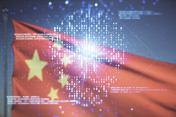 Abstract virtual code skull hologram on Chinese flag and blue sky background, cybercrime and hacking concept. Multiexposure