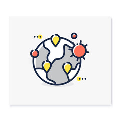Pandemic map color icon. Disease spreading concept. Covid19 outbreak, global infection transfer. Infection carriers around world, virus spread location. Isolated vector illustration