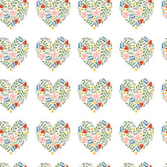 Seamless pattern floral heart with flowers,  leaves isolated on white background. Design for poster, banner, flyer, web, card, party, invitation, wallpaper, paper, wedding, mother or Valentine's day.