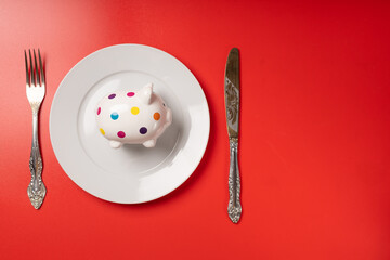 Piggy bank on a plate on a red background