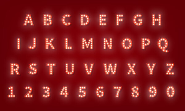 Broadway retro typography font. 3d light bulb alphabet