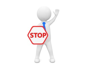 A man businessman stands with a stop sign and a raised hand to the top on a white background. 3d render illustration.