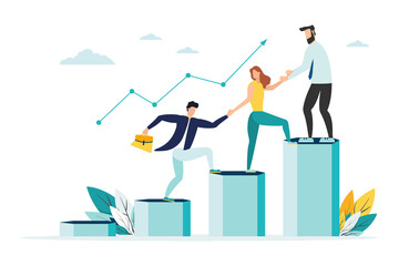 Employees giving hands and helping colleagues to walk upstairs. Team giving support, growing together. Vector illustration for teamwork, mentorship, cooperation concept.